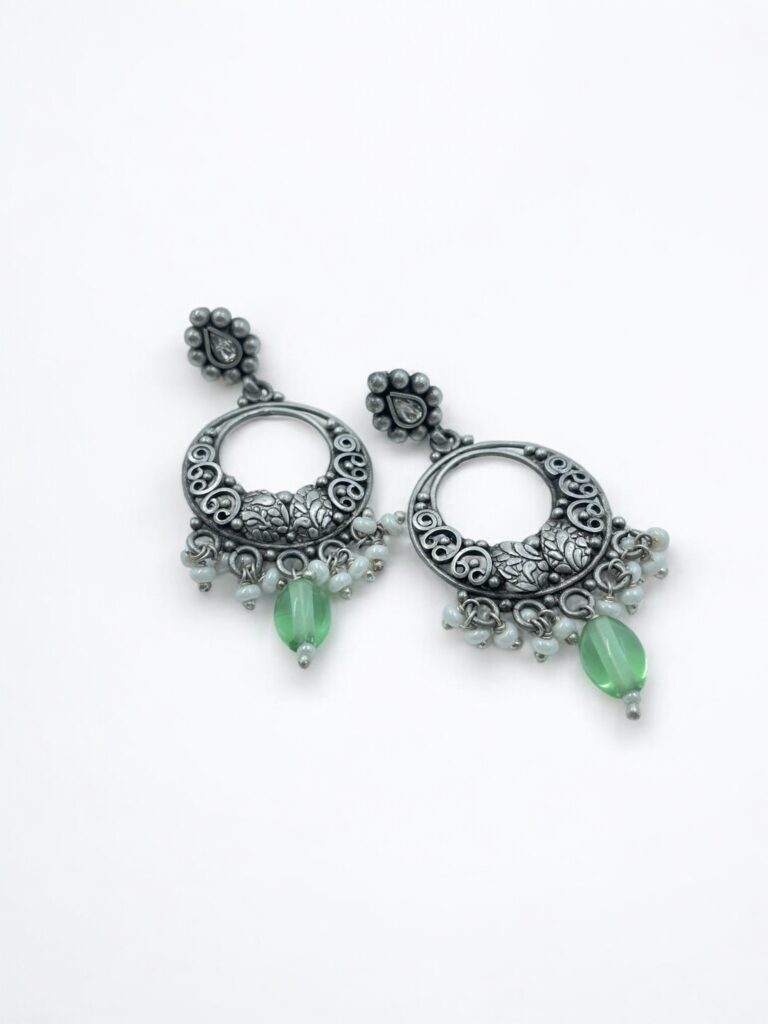 Buy Floral Filigree Green Bead Hoops Chandbali Earrings