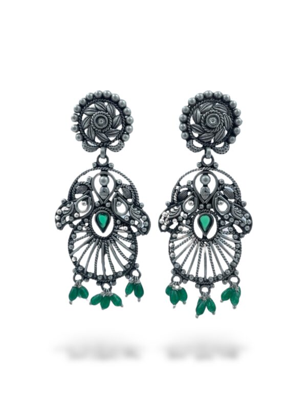 Silver Floral Green Stone Long Earrings