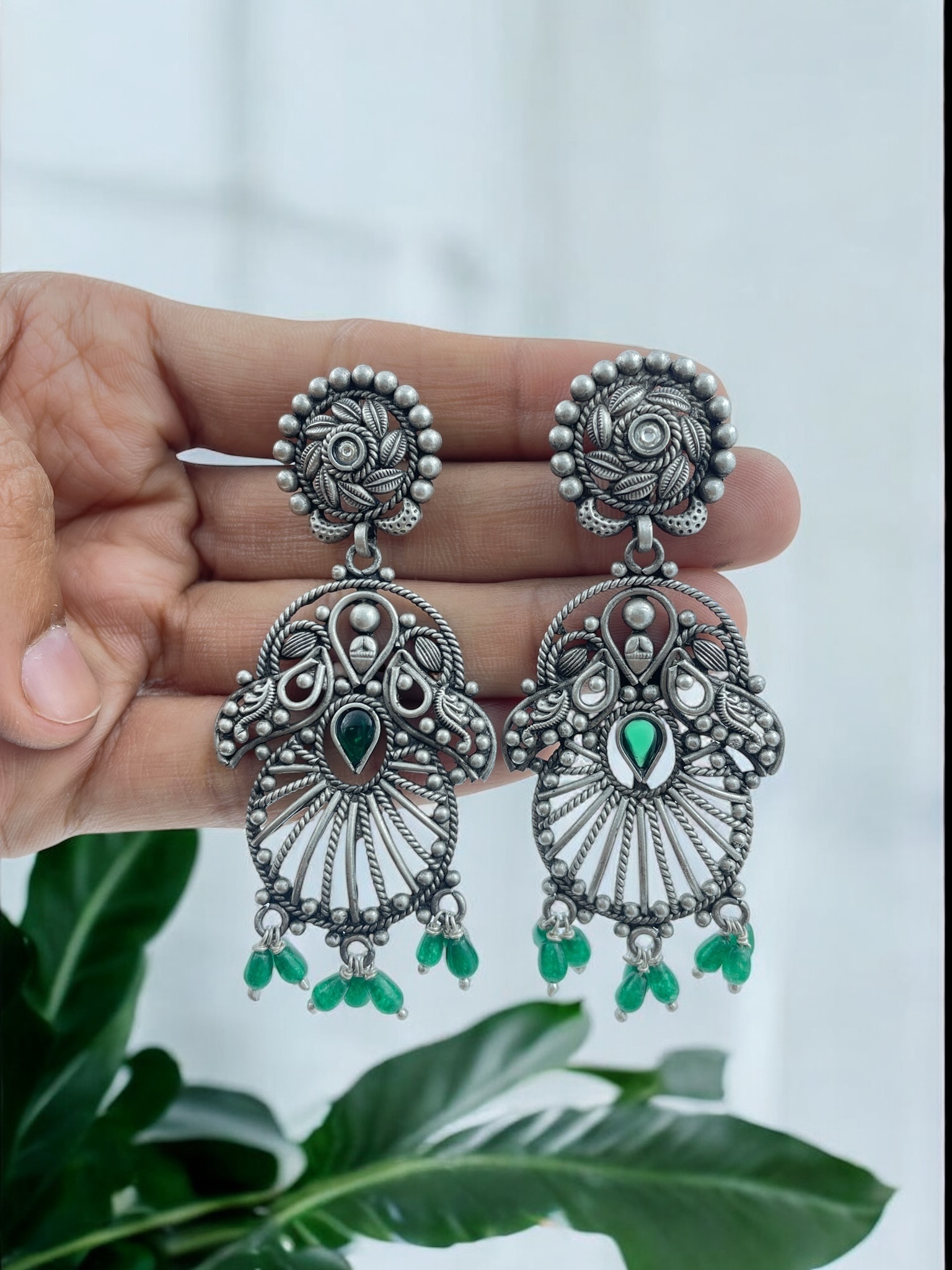 Buy Floral Green Stone Long Earrings