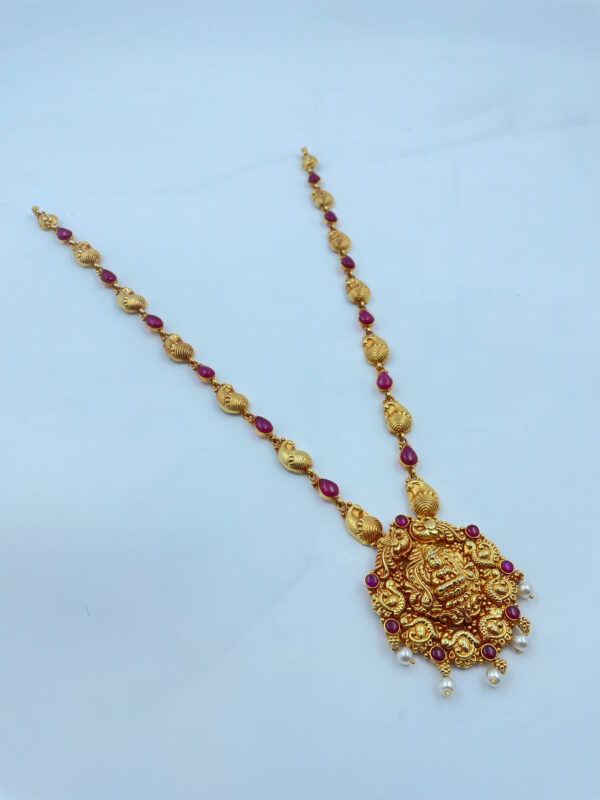 Gold Plated Pink Kemp Laxmi Pendent Long Necklace with Earrings