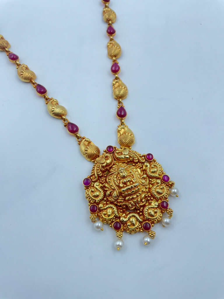 Get Gold Plated Pink Kemp Laxmi Pendent Long Necklace with Earrings