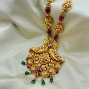 Traditional Gold Plated Red Kemp Laxmi Peacock Pendent Long Necklace with Earrings