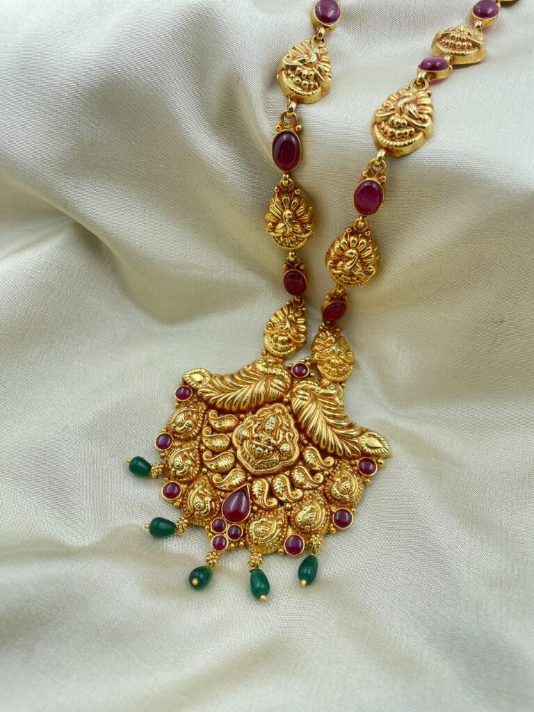 Traditional Gold Plated Red Kemp Laxmi Peacock Pendent Long Necklace with Earrings