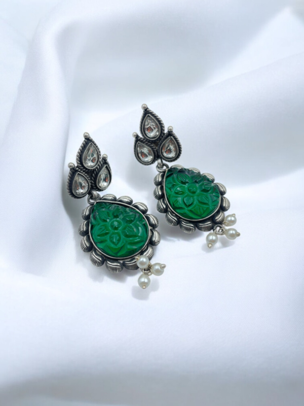 Studded Green Carving Stone Earrings