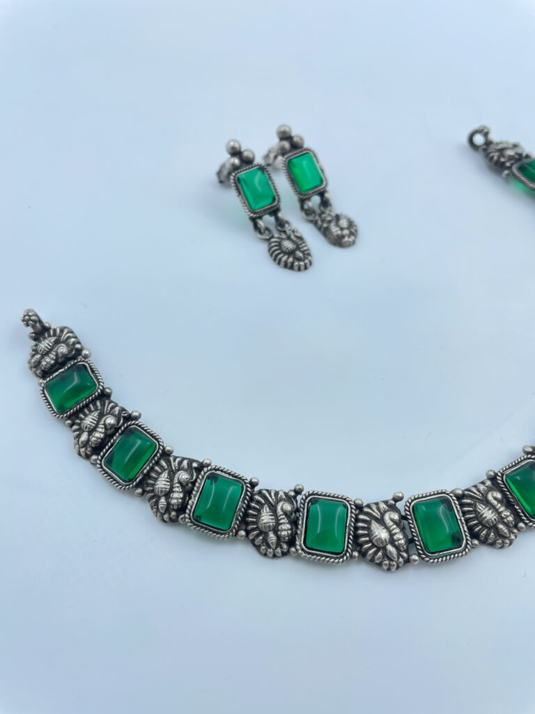 Elegant Green Emerald Peacock Necklace with Earrings