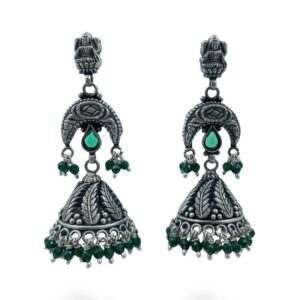 Shop Long Temple Jhumkas with Green Bead Drops Earrings