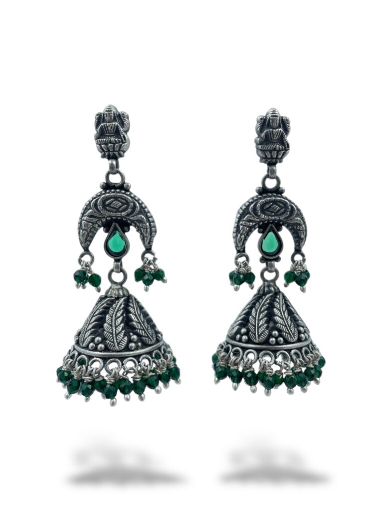 Shop Long Temple Jhumkas with Green Bead Drops Earrings