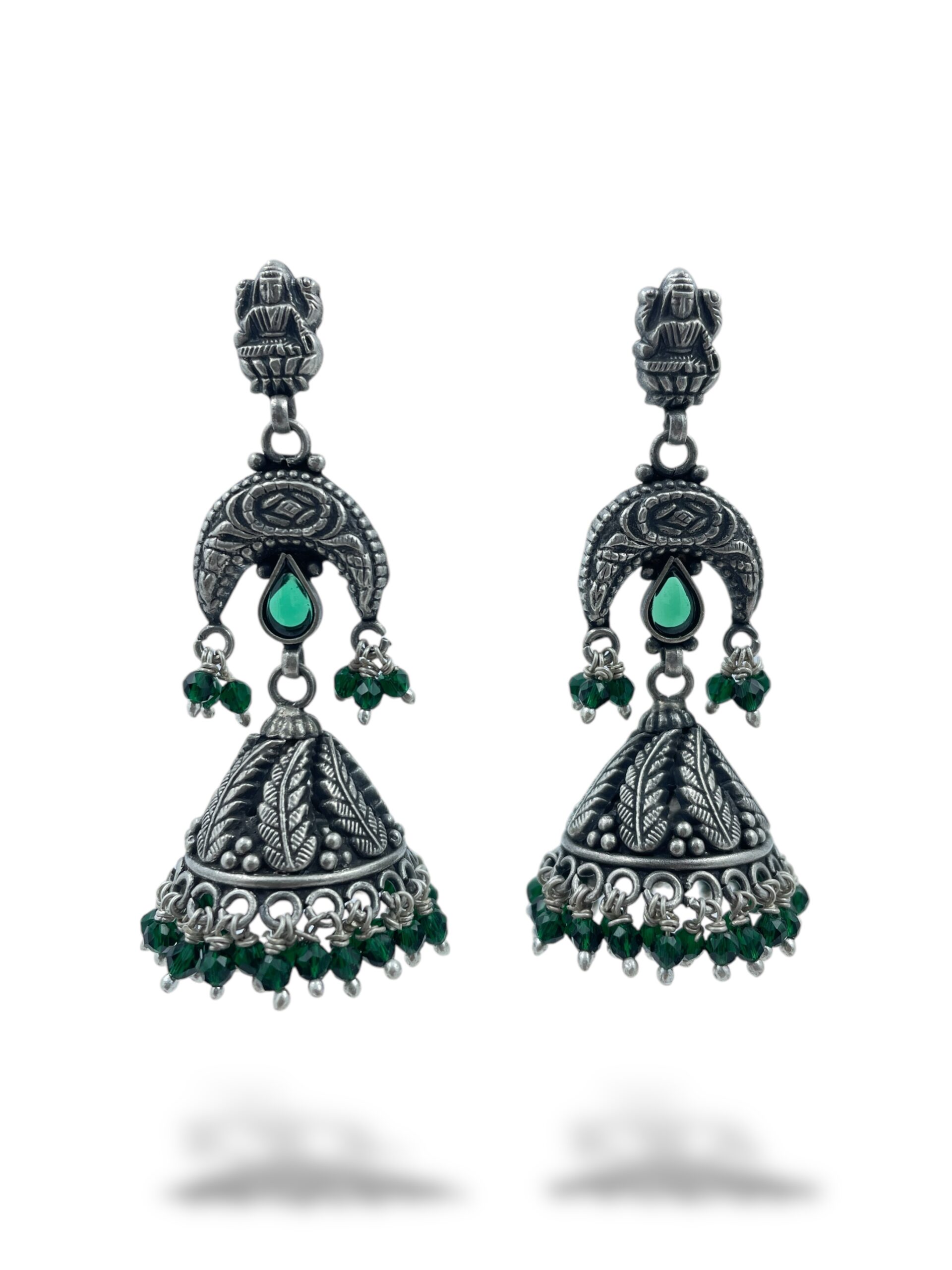 Shop Long Temple Jhumkas with Green Bead Drops Earrings