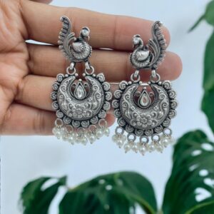 Get Peacock White Drops Chandbali Earrings