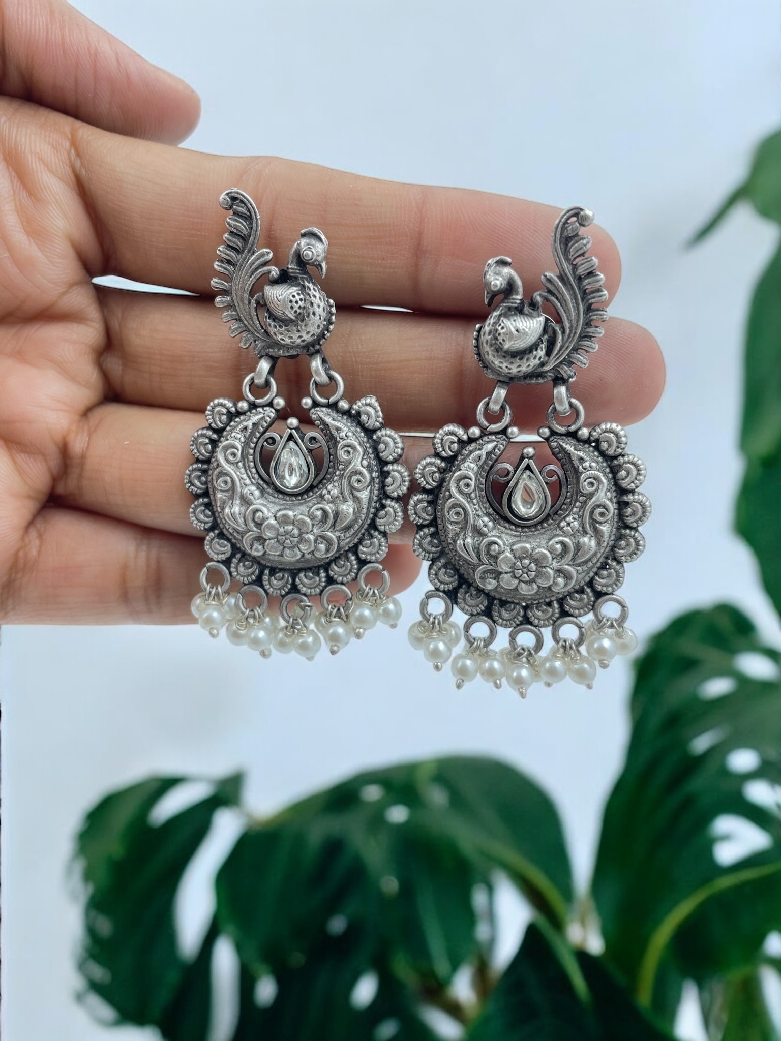 Get Peacock White Drops Chandbali Earrings