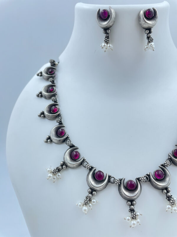 Silver Pink Chand Neaclace with Earrings