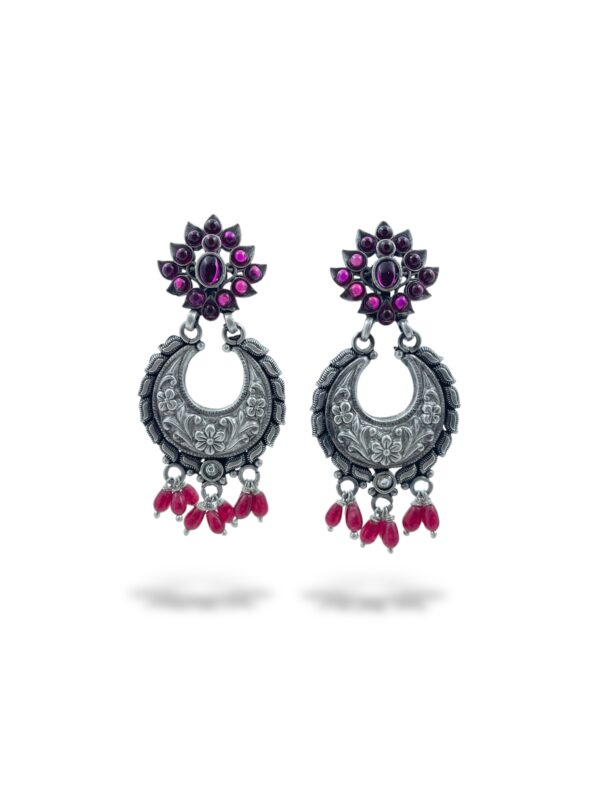 Elegant Red Stone Floral Chandbali with Red Drops Earrings