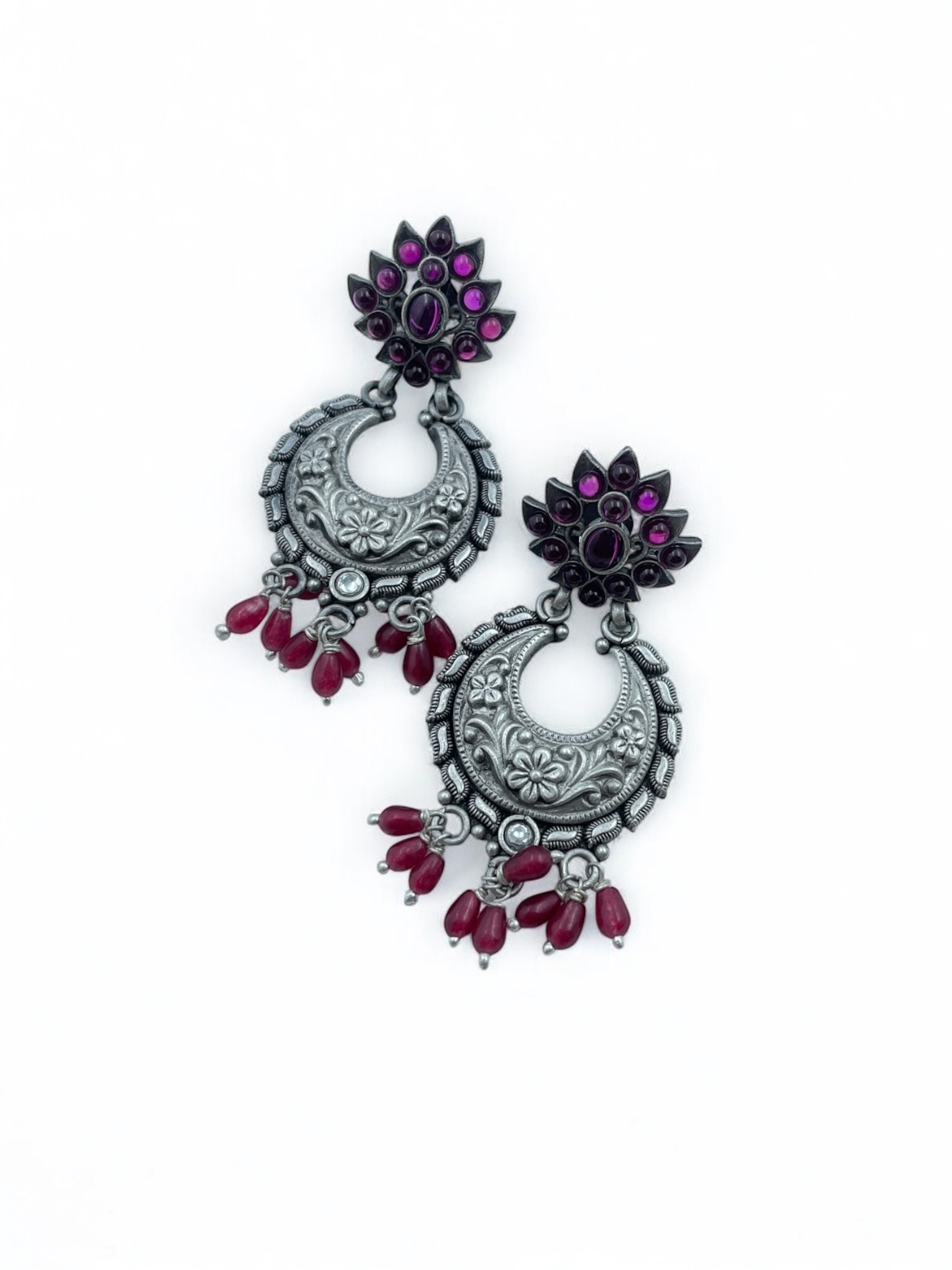 Get Red Stone Floral Chandbali with Red Drops Earrings