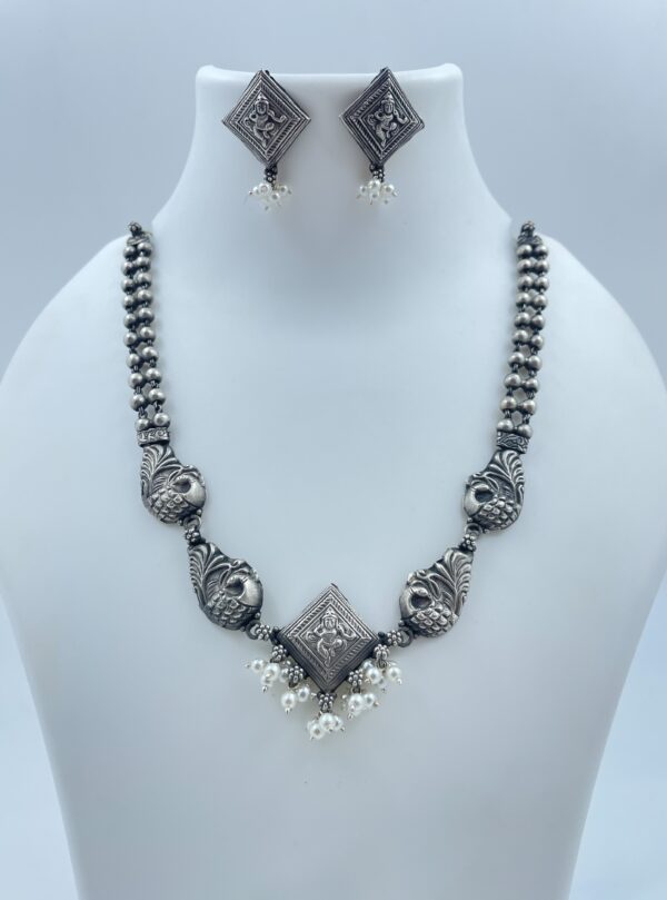 Silver Short Chain Devi Peacock Necklace with Earrings