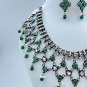 Shrinkhla Green and White Stone Necklace with Earrings
