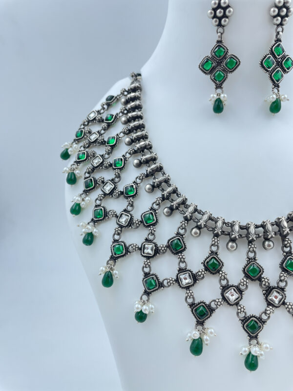 Shrinkhla Green and White Stone Necklace with Earrings