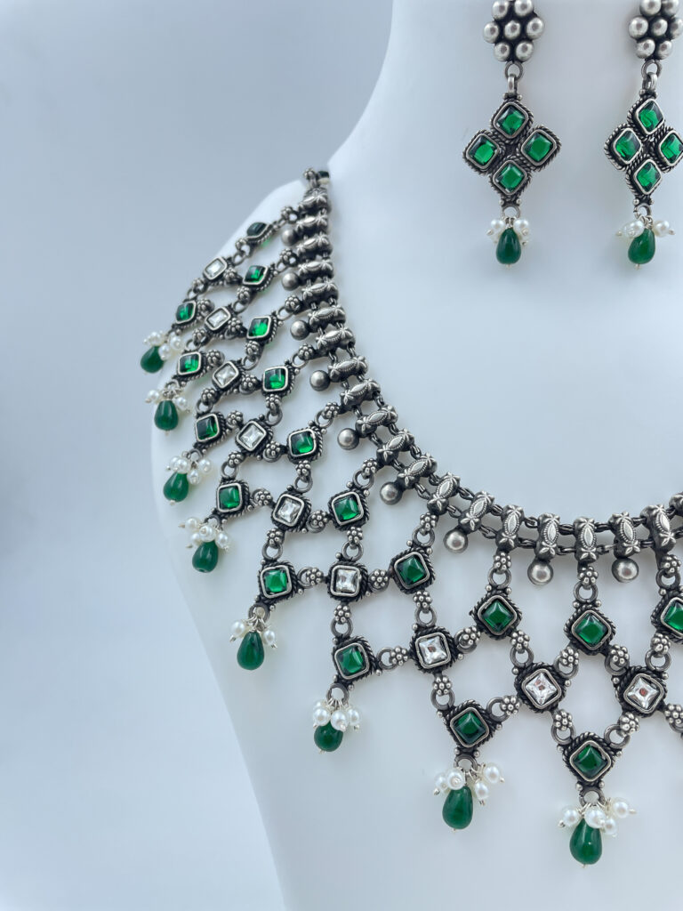 Shrinkhla Green and White Stone Necklace with Earrings