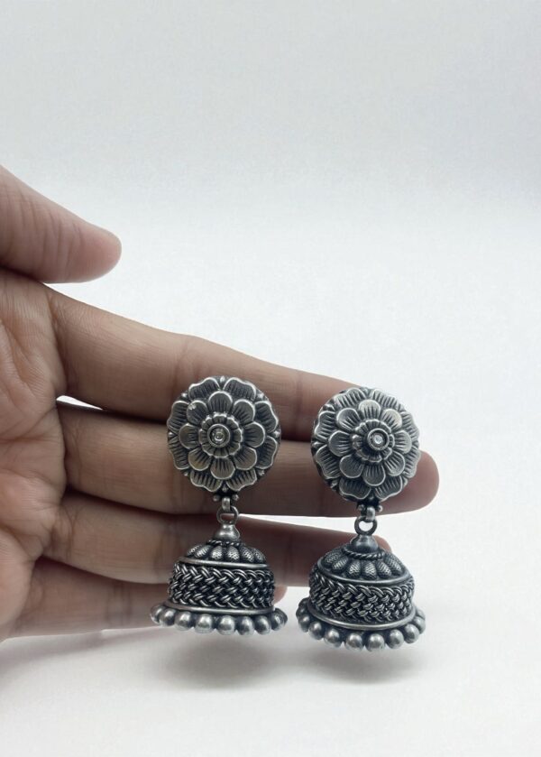 Floral Bell Design Jhumka Earrings in 925 Silver