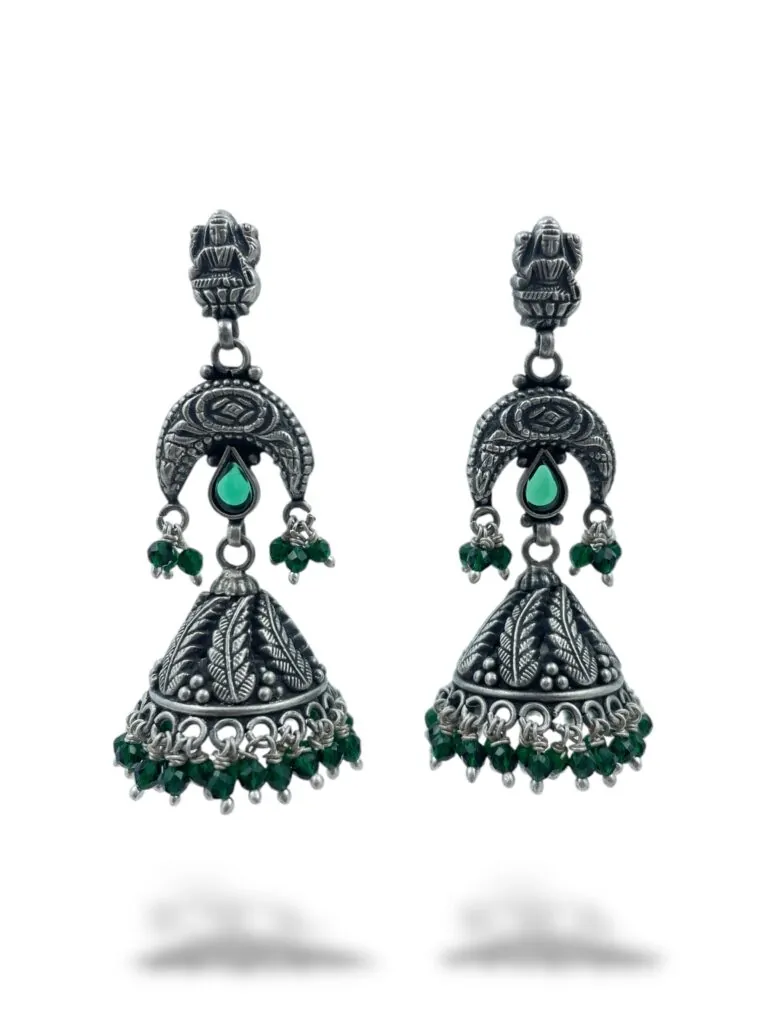 Shop Long Temple Jhumkas with Green Bead Drops Earrings